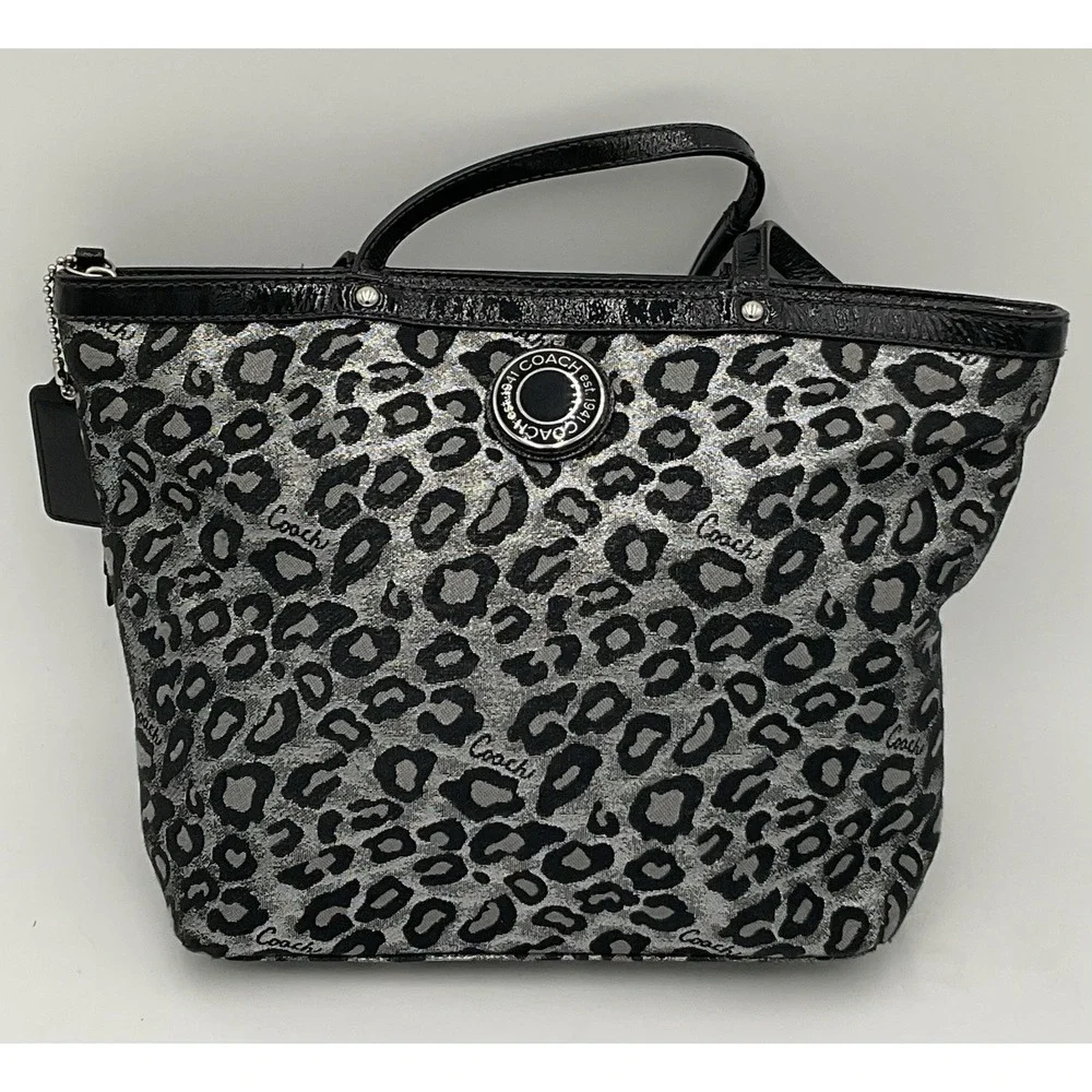 Coach F21061 Metallic Silver Black Gray Ocelot Animal Print Tote Bag Patent Trim